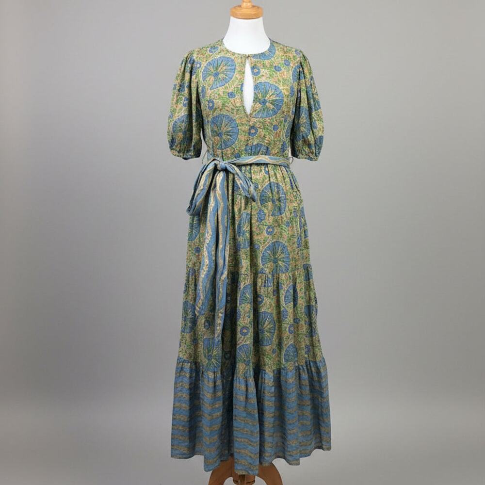 Oliphant light blue and gold floral dress, size XS